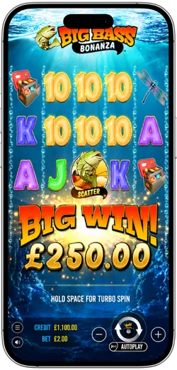 Big Bass Bonanza mobile slot showing a £250 big win
