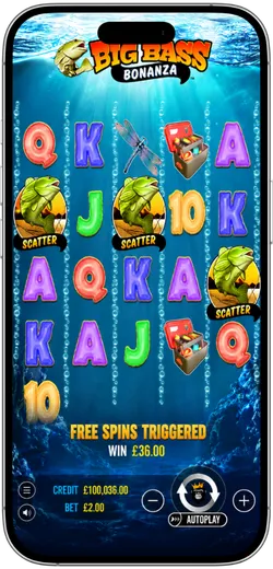 Big Bass Bonanza mobile screen with Free Spins triggered and a £36 win