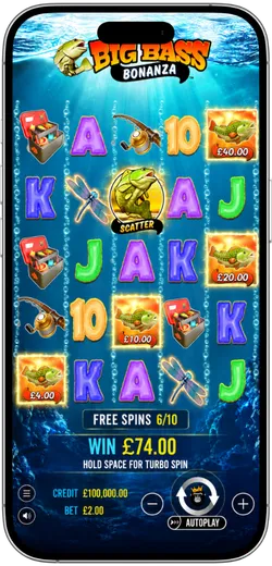Big Bass Bonanza Free Spins round on mobile showing a £74 win