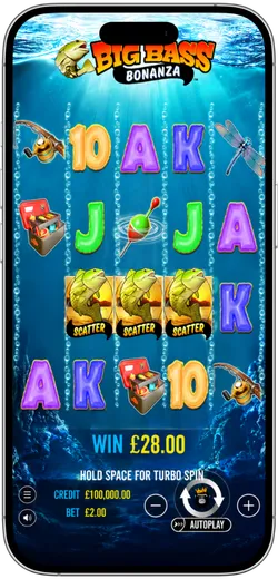 Big Bass Bonanza mobile slot showing a £28 win